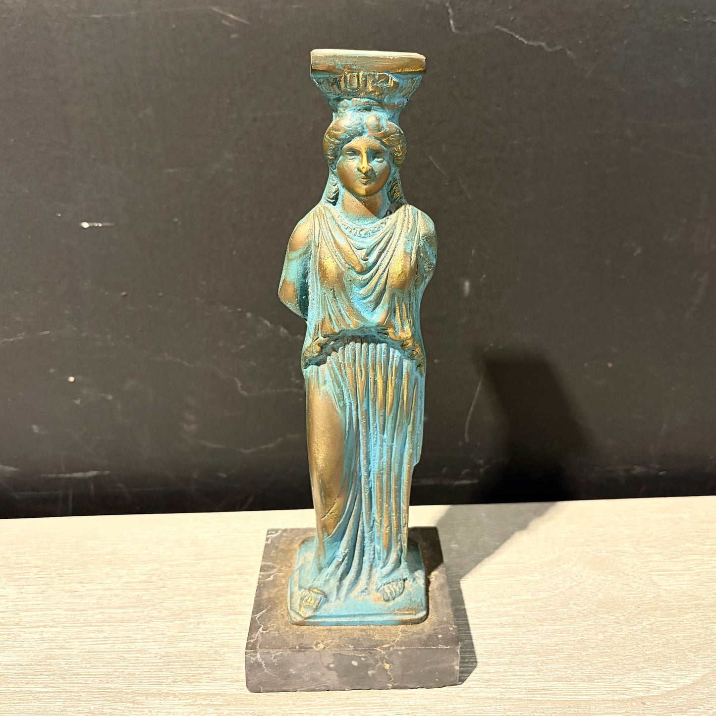 VTG Caryatid Bronze Statue on Marble Base, 3.25"W x 3.25"D x 9.75"H