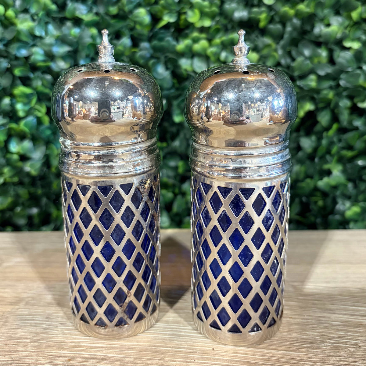 VTG Cobalt Blue Galss & Silver Plate Salt & Pepper