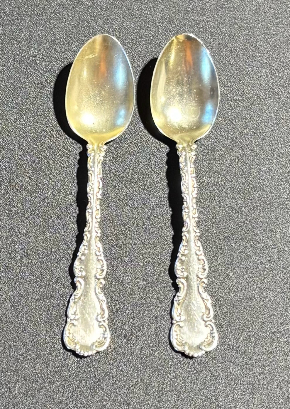 SET 2 Gorham Strasbourg Demitasse Spoon, Gold wash on bowl 4" L x .75" W x .5" H