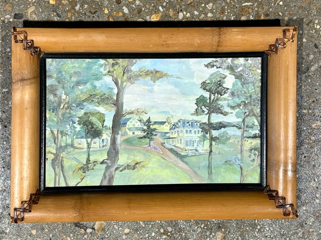 Retired MacKenzie Childs bamboo/leather framed tray, 22" Wx 15"H x 2"D