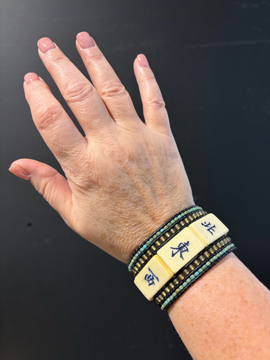 Vintage Mahjong Tile Cuff Beaded Bracelet, 1.5"W x 7.2"L, Carrie Prince