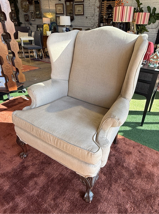 Queen Anne upholstered wingback, 32"W x 28"D x 42"H