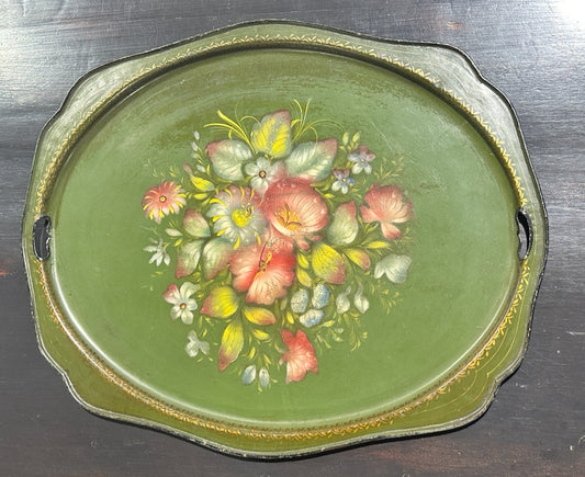 Antique handpainted tole tray, dk. green/floral, 26.5"L x 21"W