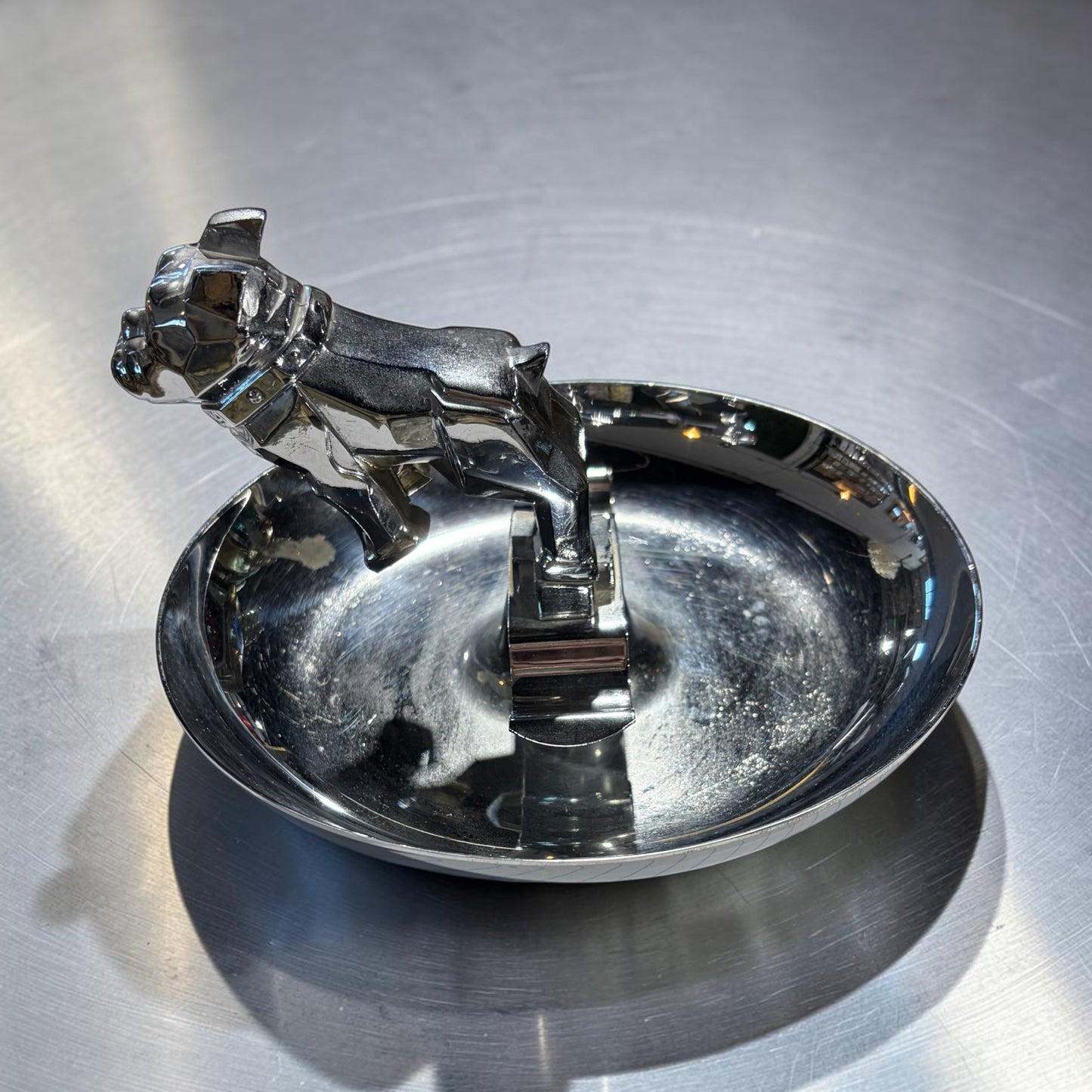 VTG Mack Truck Bulldog Chrome Cigar Ash Tray, 7.5"Dia x 4.5"H