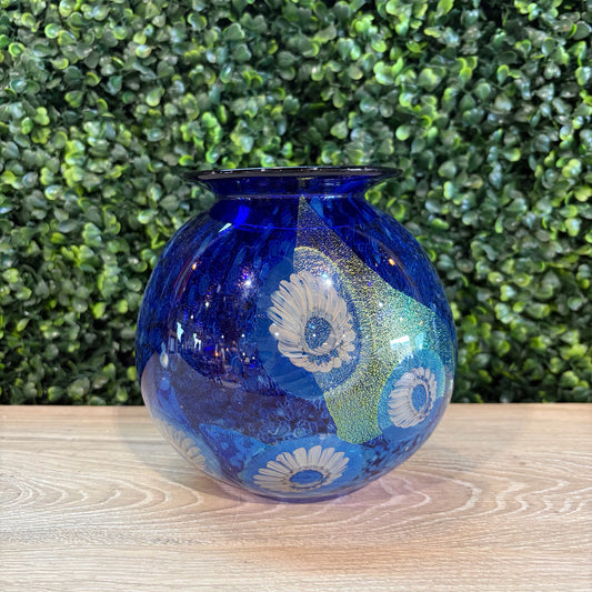 Richard Eickhold Signed Blue Glass Vase, 6"W x 5.5"H x 4.5"D