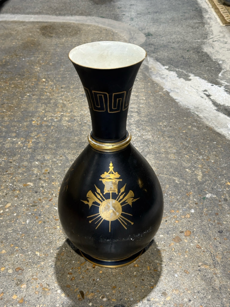 Antique Neo-classical black vase, handpainted, 9"W x 9"D x 20"H
