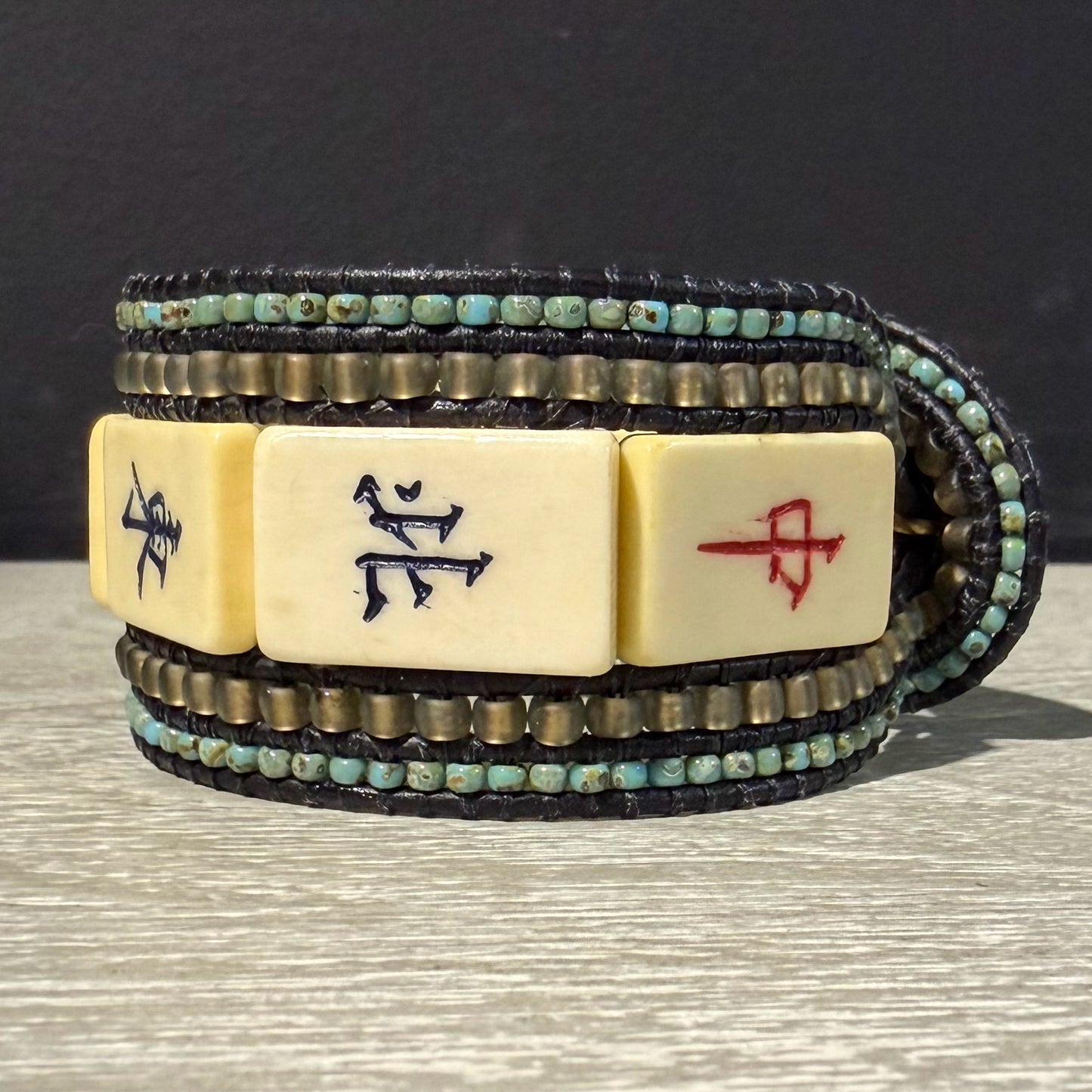 Vintage Mahjong Tile Cuff Beaded Bracelet, 1.5"W x 7.2"L, Carrie Prince