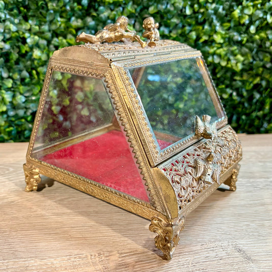 Vintage Filigree & Glass Jewelry Casket/Trinket Box, 5.5"W x 6"D x 5.75"H