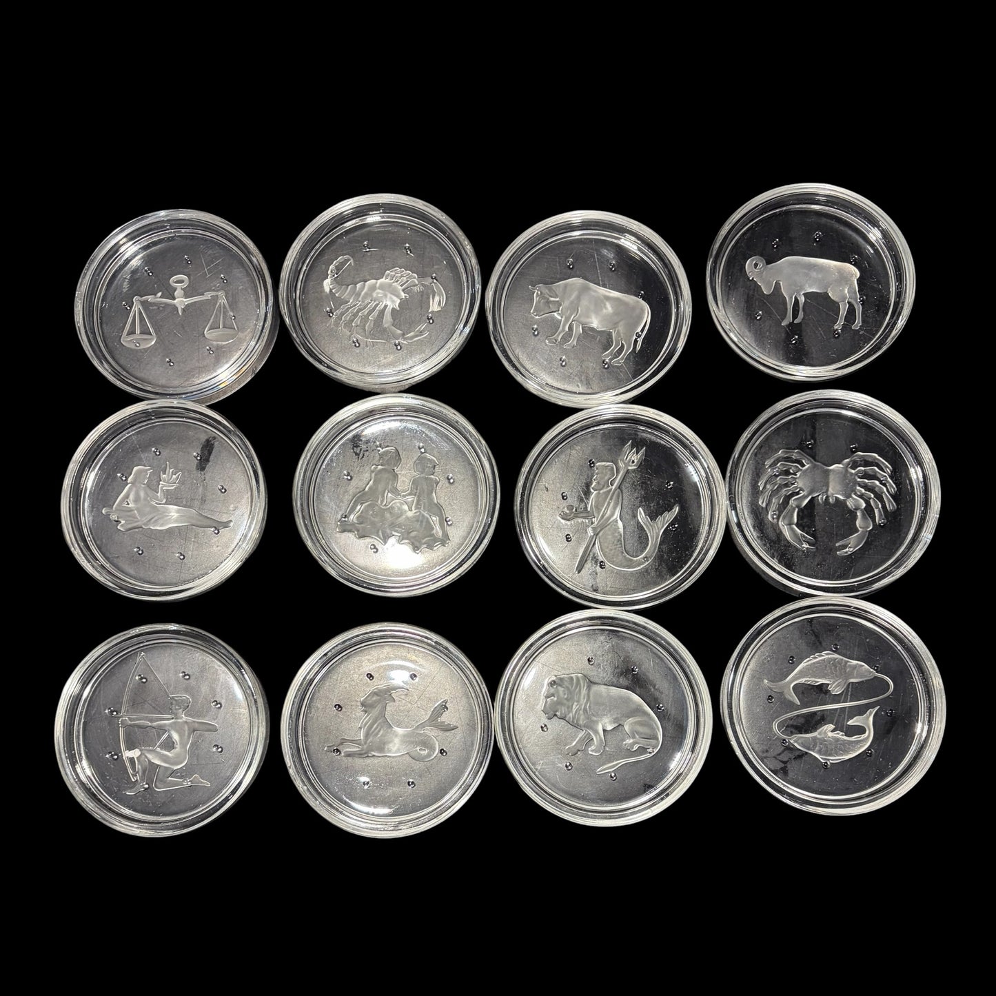 12 VTG Val St Lambert Crystal Zodiac Coasters, 3.5"Dia x .5"H