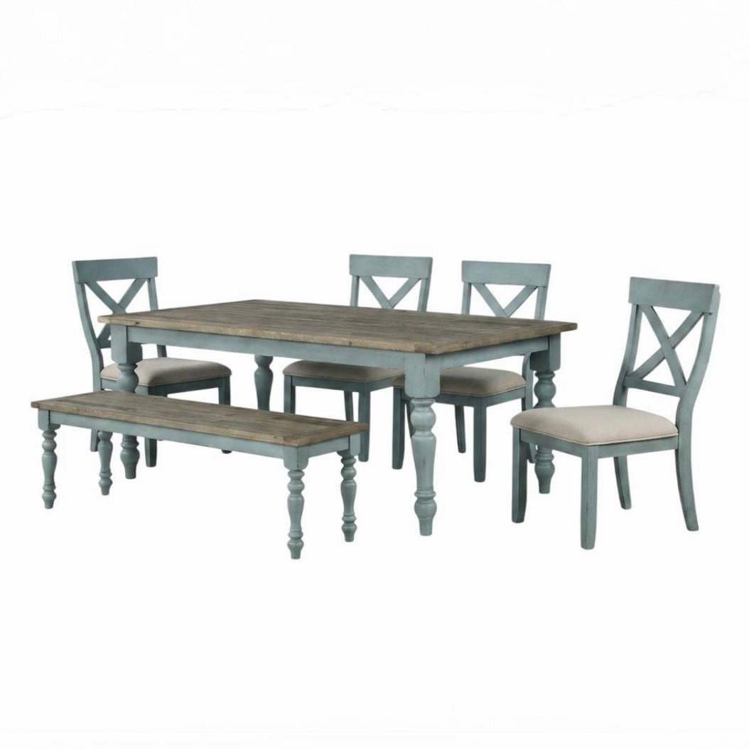 Prato 6-Piece Dining Table Set w/ Cross Back Chairs & Bench, 68"W x 38"D x 30"H