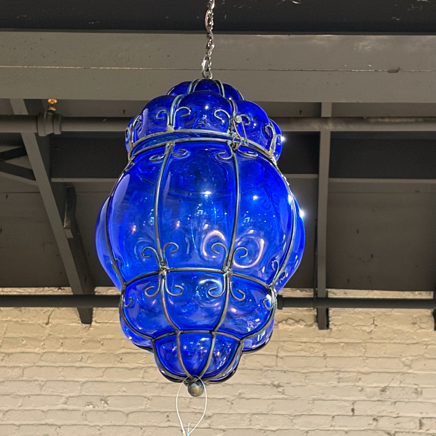 VTG Cobalt Blue Venetian Glass & Wrought Iron Pendant Light, 16"H x 11"W