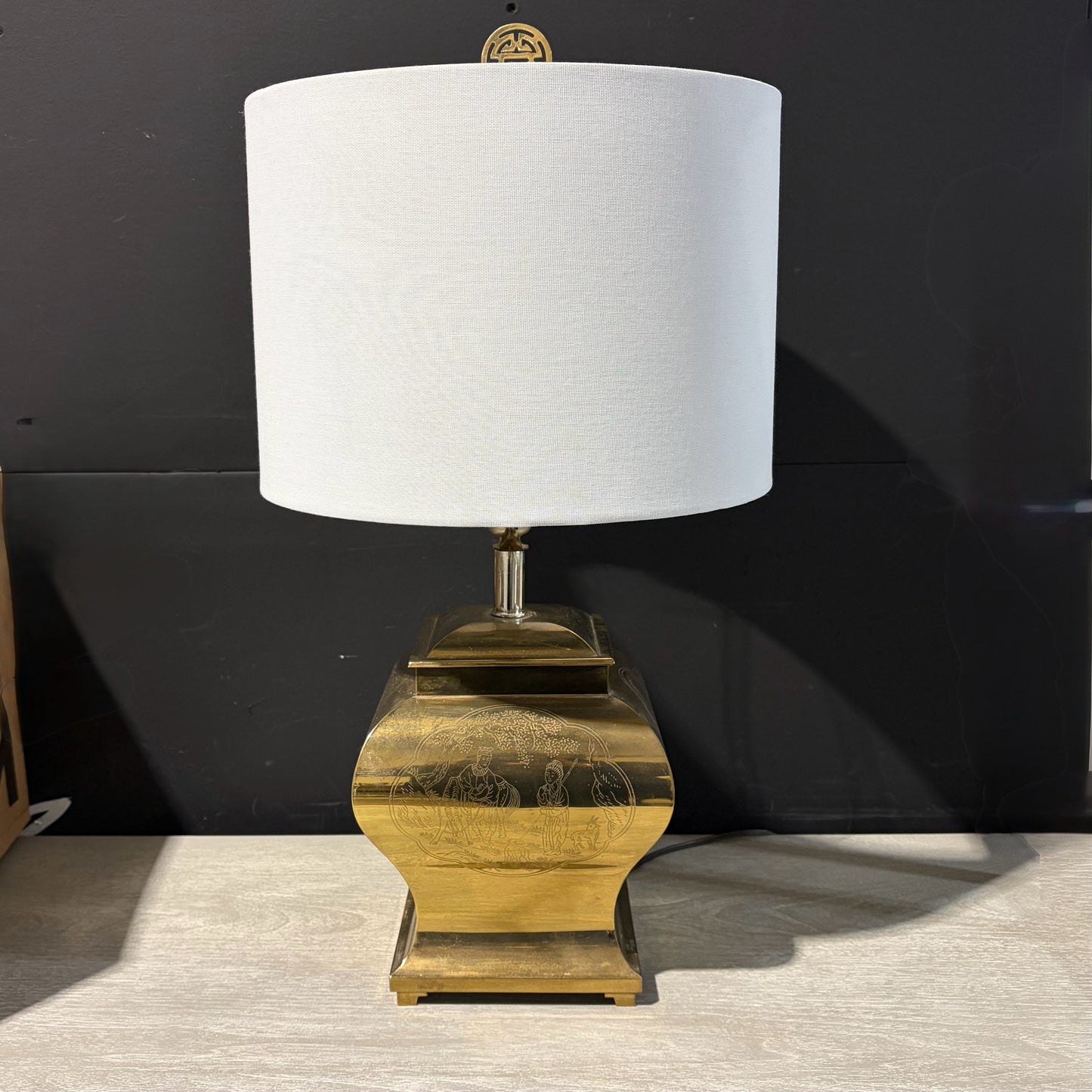 Pair of Vintage Chinoiserie Etched Brass Lamps, 26"H x 14"W x 14"D