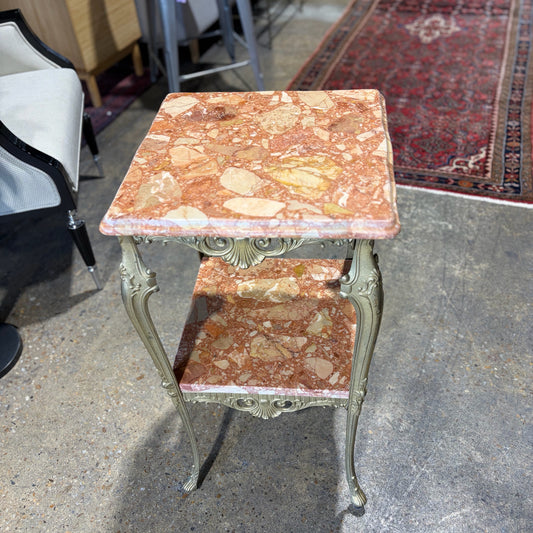 Two Tier Marble & Brass Side Table, 13"Sq x 29"H