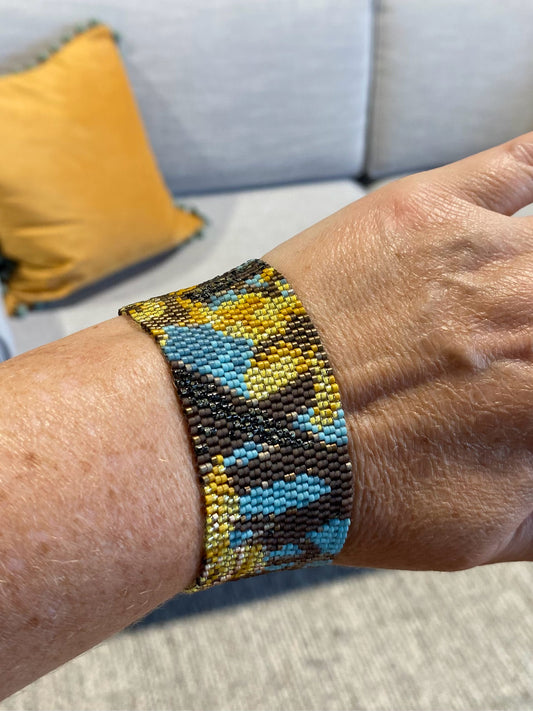 Peyote stitch bracelet, "Minnie", blue/green/yellow,1.25"W x 7"L