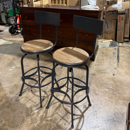 Pair of Adjustable Height Wood/Metal Barstools, 16"Dia