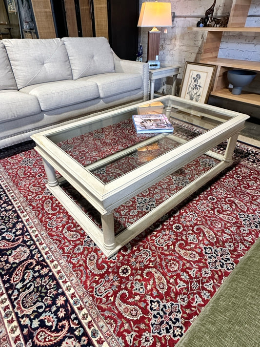 Coastal Coffee Table, glass top and shelf, 55"W x 31.5"D x 17.5"H