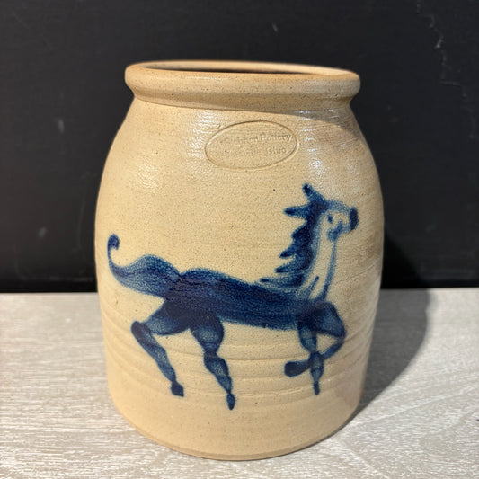 Stebner Pottery, Blue Horse Crock, 5.25"Dia x 6.75"H