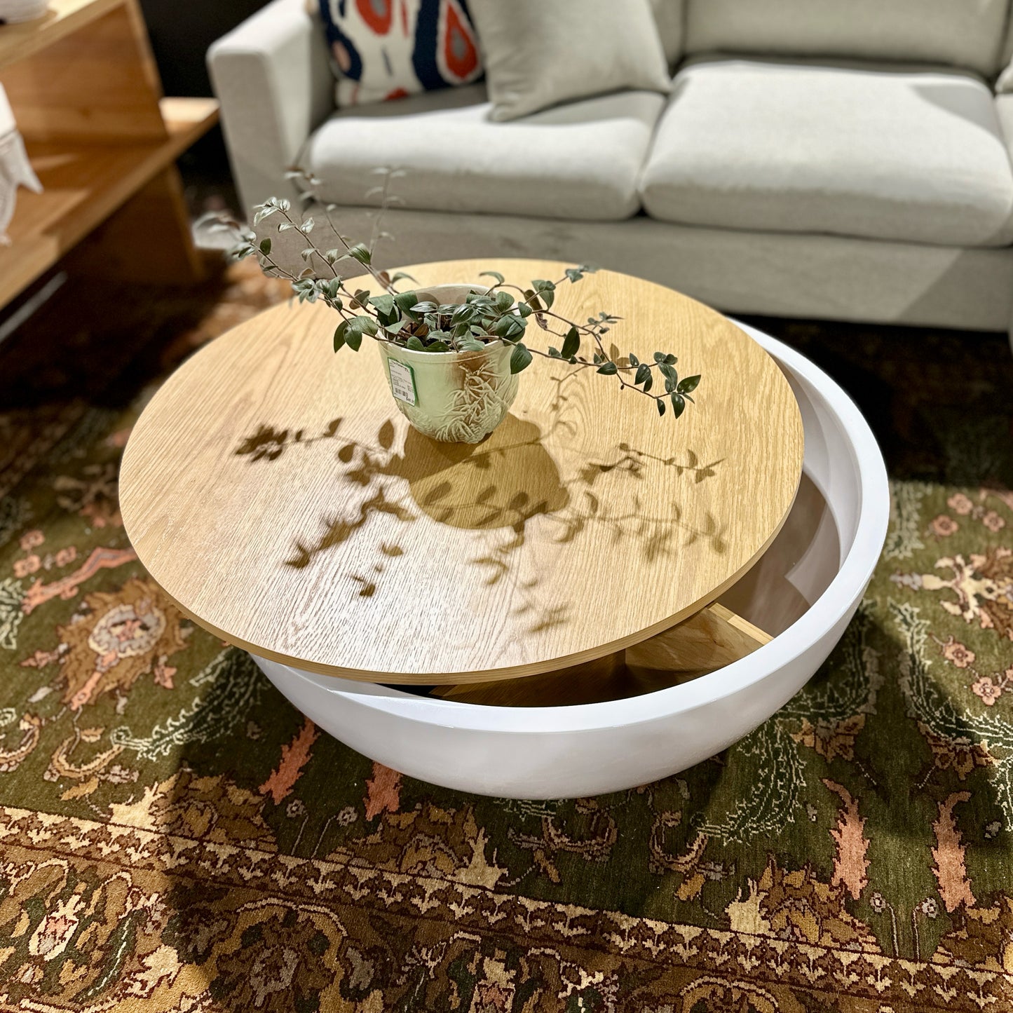 Feather Geary Storage Coffee Table, Oak & White, 35.75" Dia x 15.5" H