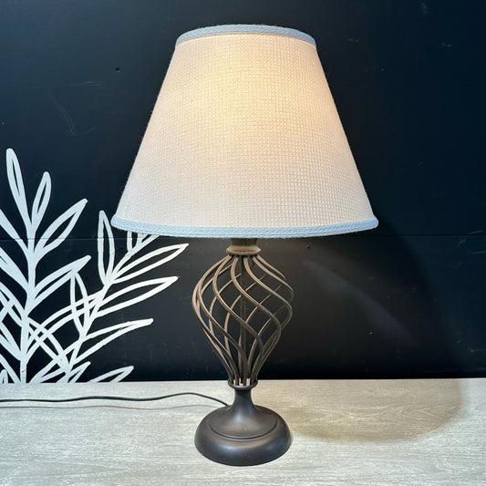 Twist Iron Cage Table Lamp w/ White Shade, 18" Dia x 28.25" H