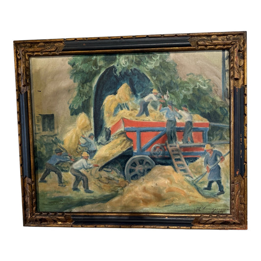 VTG oil on canvas, hay wagon/farmers, AS IS, 28"W x 23"H