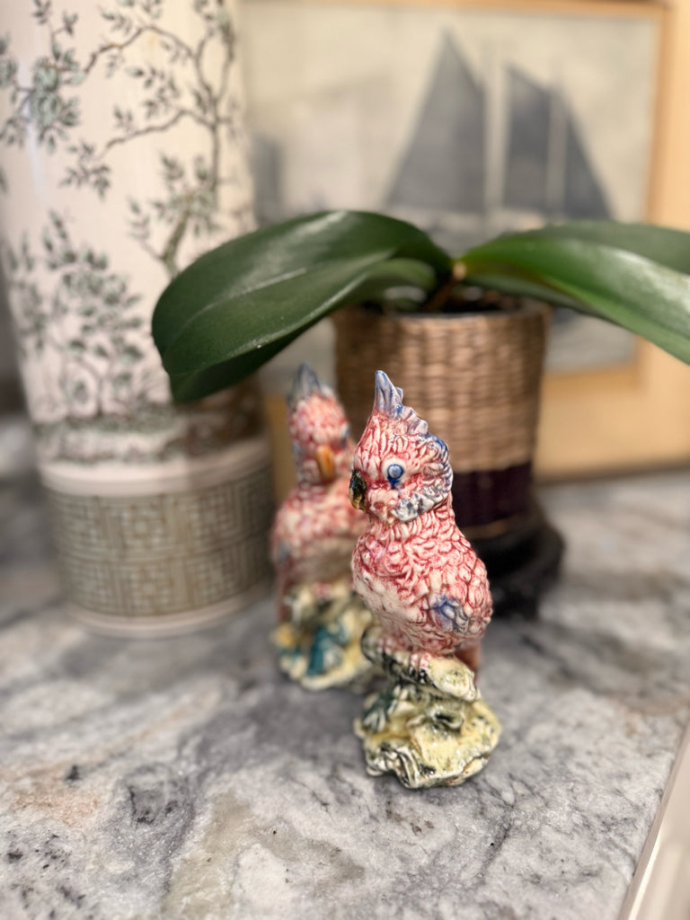 PAIR of VTG Stangl cockatoos, pink/grn, 6.5"H