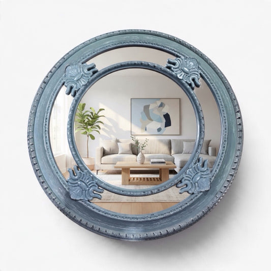 VTG Inspired Blue Round Wood  Wall Mirror 25" diam
