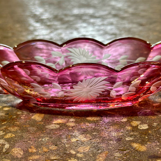 Cranberry Glass Small Oval Dish, Floral Etching, 10" W x 3.75" D