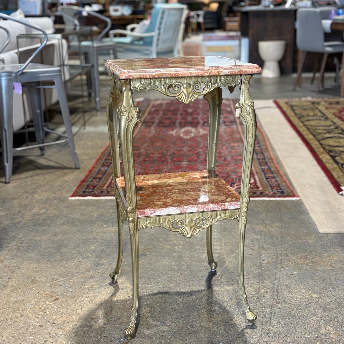 Two Tier Marble & Brass Side Table, 13"Sq x 29"H