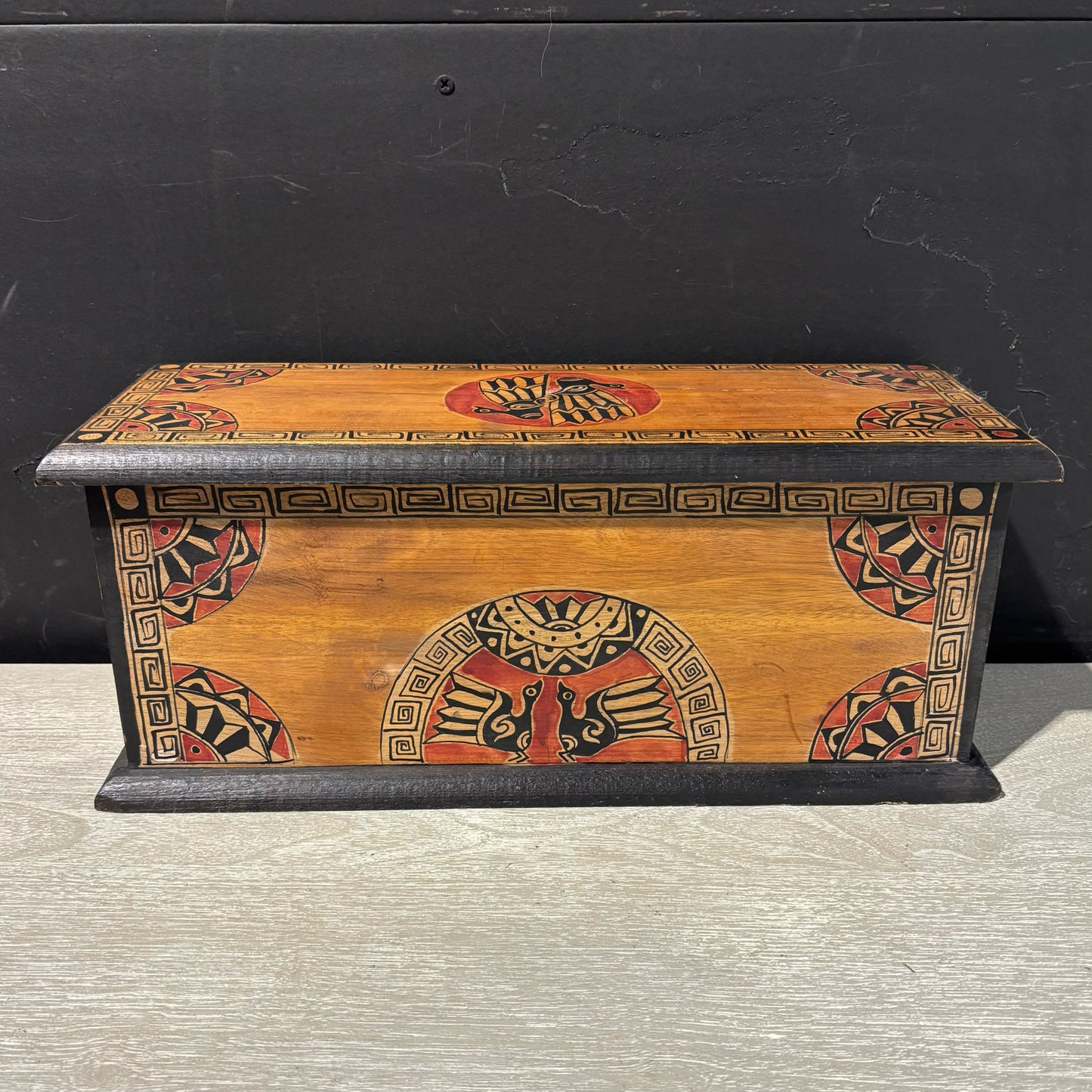 Painted Folk Art Wooden Box 18.5" L x 7" W x 7" H