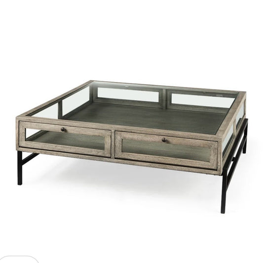 Arelius Square Glass-Top Display Coffee Table, 42"W x 43.5"D x 15"H