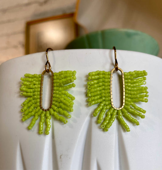 Fringe Earrings, Lime, Carrie Price Wearable Art