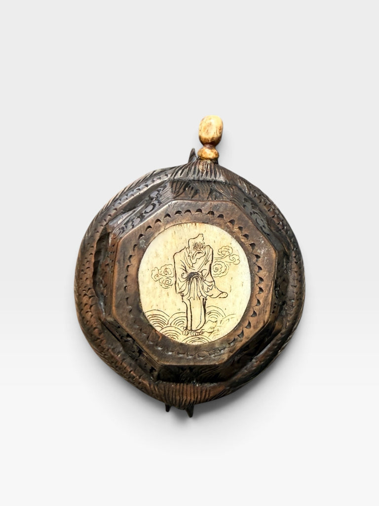 ATQ Carved Bone & Wood Asian Snuff Bottle,dk. wood, 2"DIA X 1"H