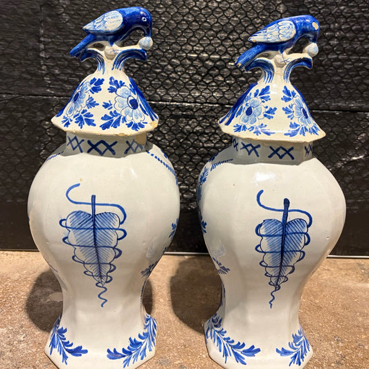 Pair of 18th Century Dutch Delft Lidded Vases, Repaired, 5"W x 3.5"D x 11.75"H