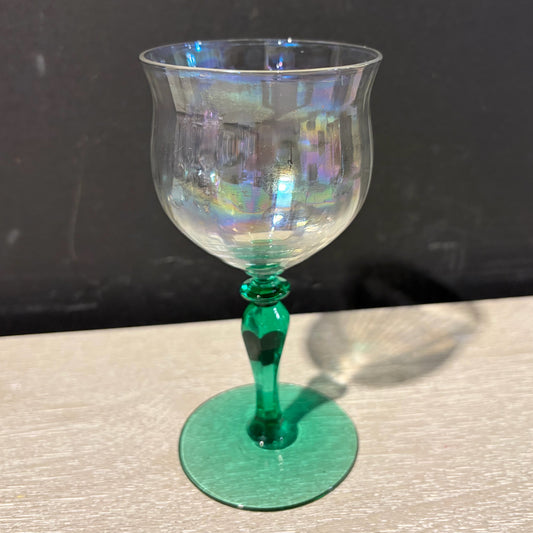 5 VTG Iridescent w/ Green Stemmed  Cordials, 5.5"H x 2.5"Dia
