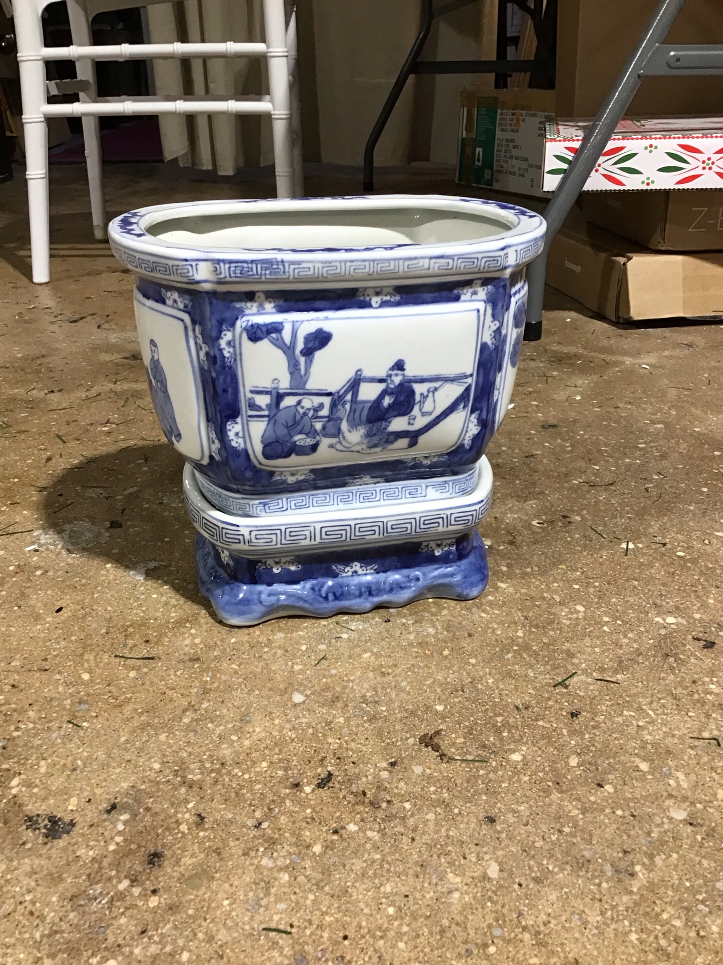 Mid Century Chinoiserie Regency Blue and White Planter 9.5" L x 7.7" D x 9" H