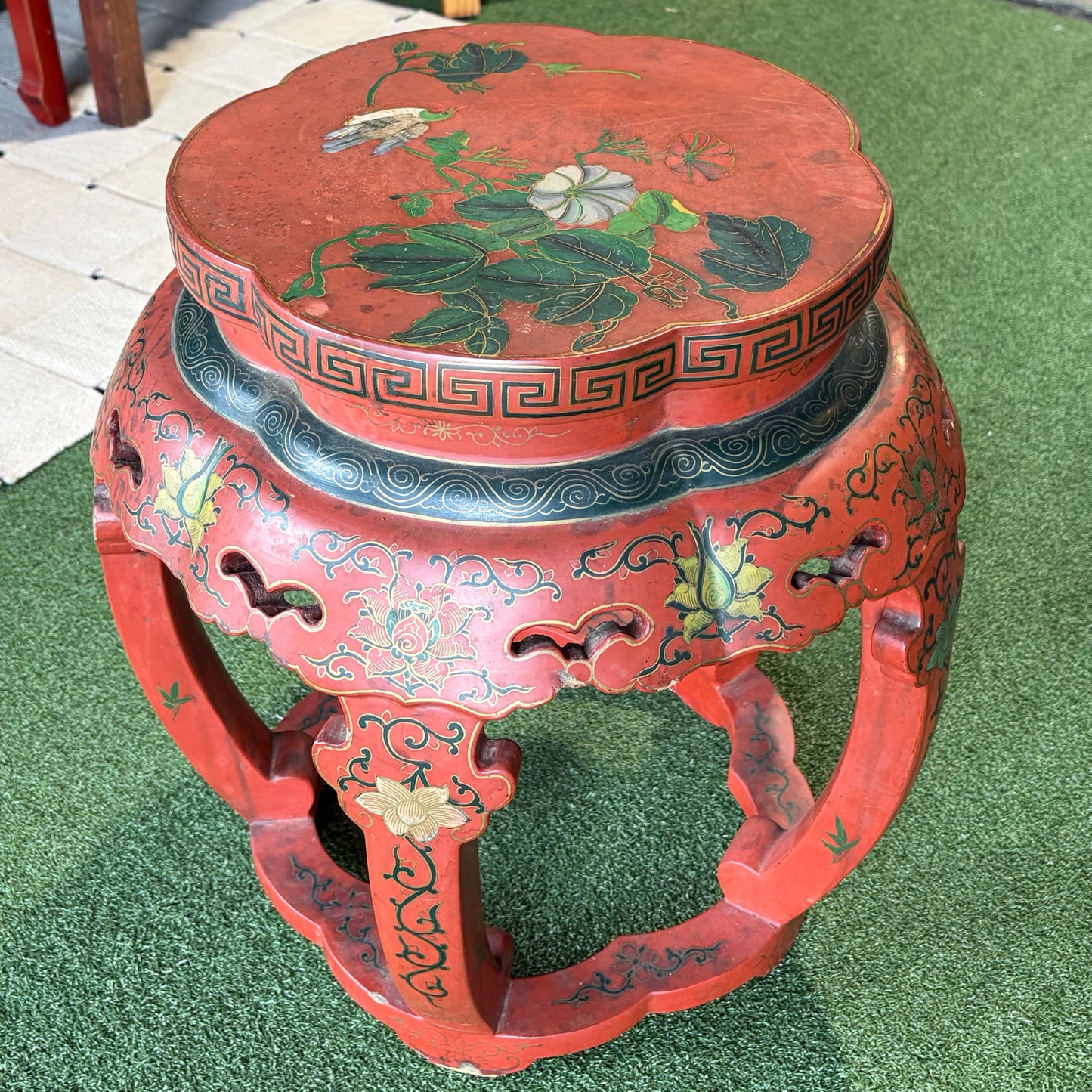 VTG Red Lacquer Drum Stool, 17"W x 17"D x 18.5"H