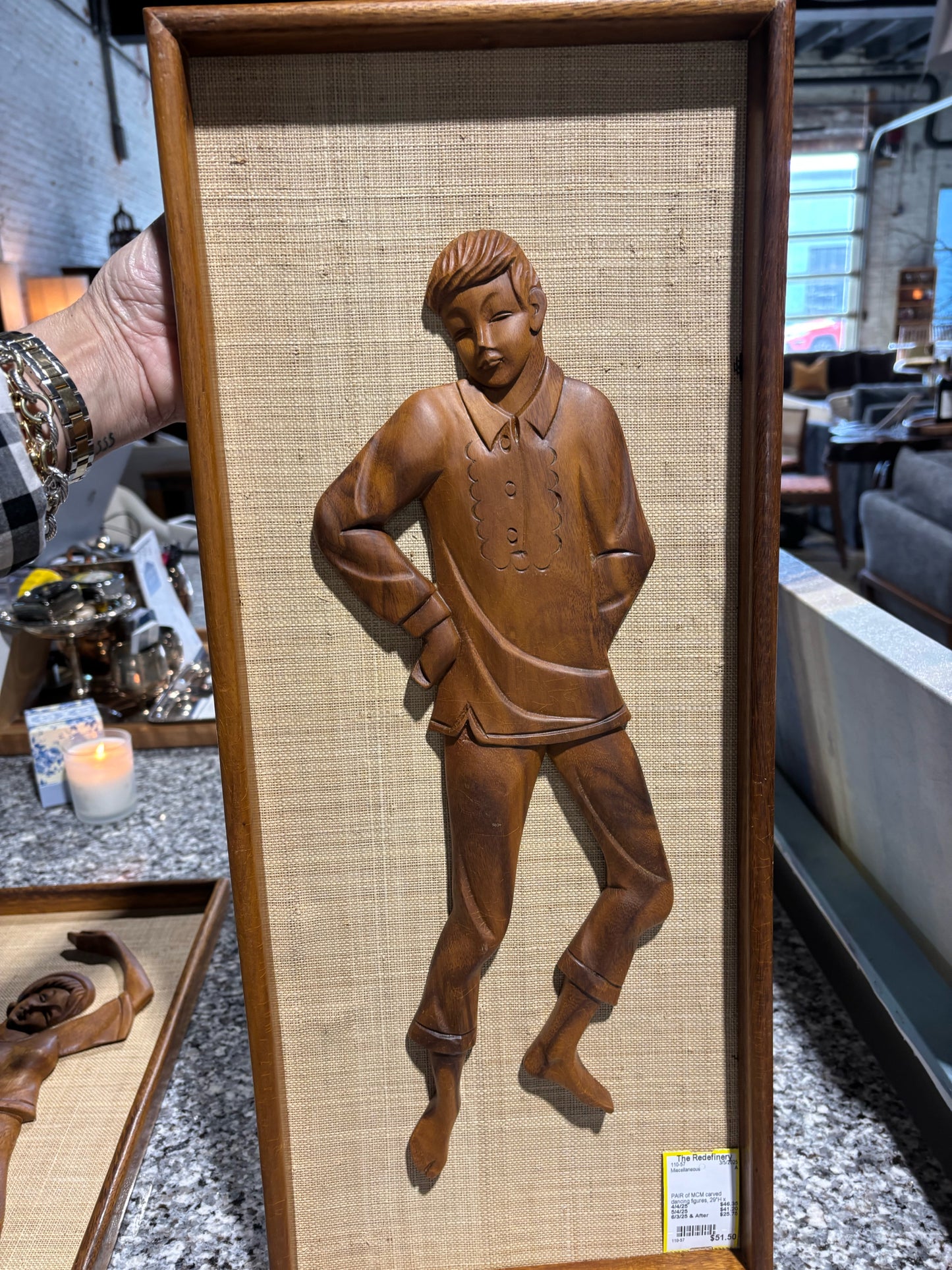 PAIR of MCM carved dancing figures, 29"H x 12"W