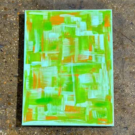 Abstract Painting green, teal, orange 16" W x 1.5" D x 12" H