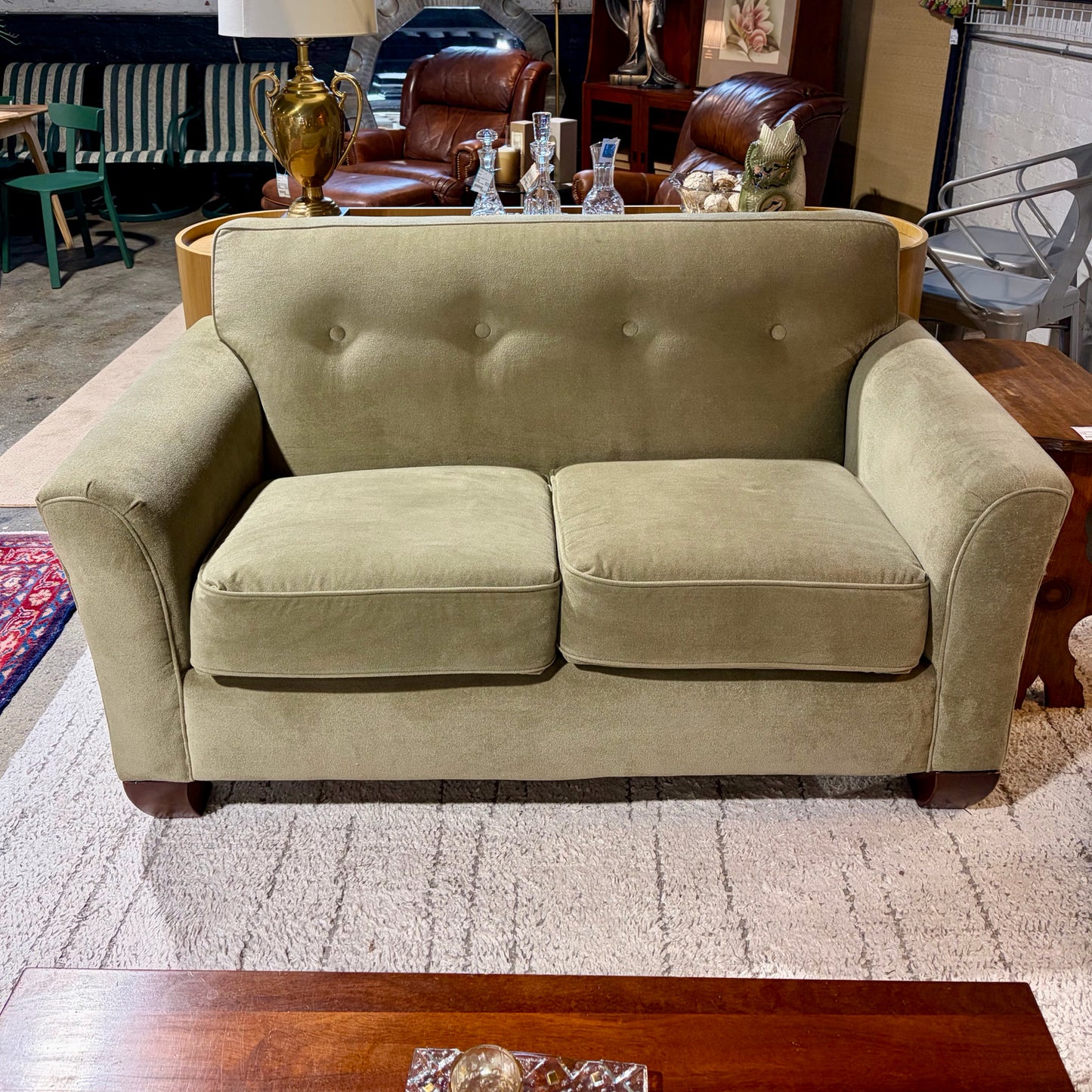 Green Velvet Loveseat w/ Tufted Back, 66"W x 35"D x 34.75"H