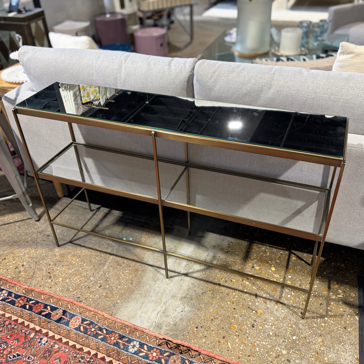 Brass & Glass/Mirror Two Tier Console/Sofa Table, 30"H x 48"W x 11"D