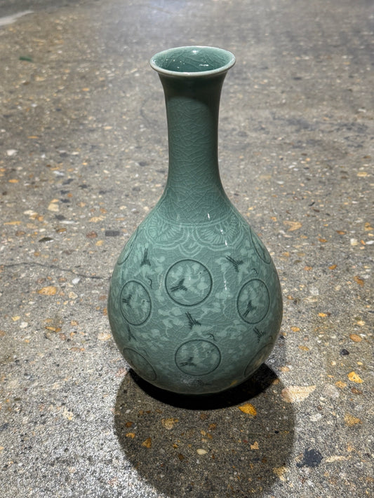 Korean celadon vase, cloud/crane motif, 11.5"H x 5"W x 5"D
