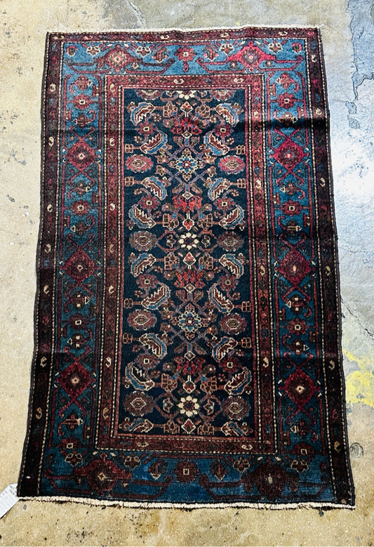 Antique Handwoven Persian rug, Hamadan, navy/aubergine, 3'3" x 6'