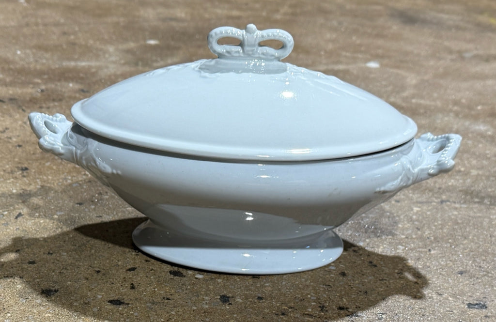 Antique Ironstone Crown covered dish, oval, John Edwards, 12"W x 7.5"H x 6"D