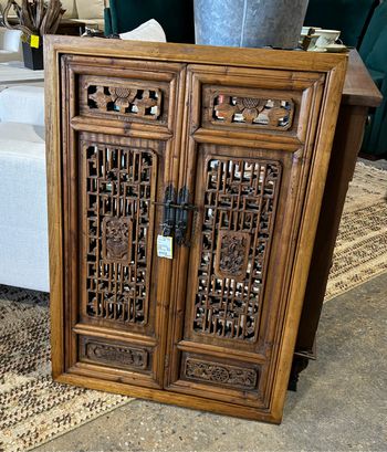 Antique Chinese mirror w/intricately carved doors, 26.25"W x 37.5"H x 2"D