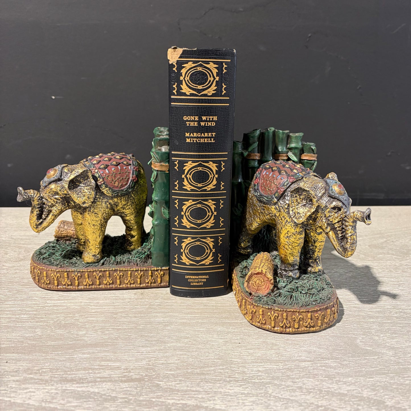 Vintage Elephant & Bamboo Bookends, 5.75"H x 5.25"W x3.5"D