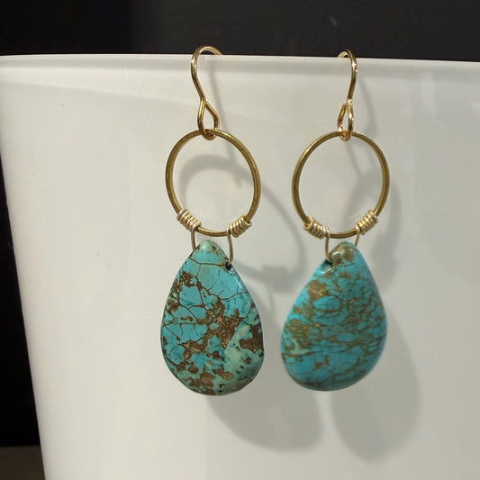 Turquoise Teardrop & Brass Earrings, 2"L, Carrie Prince Wearable Art