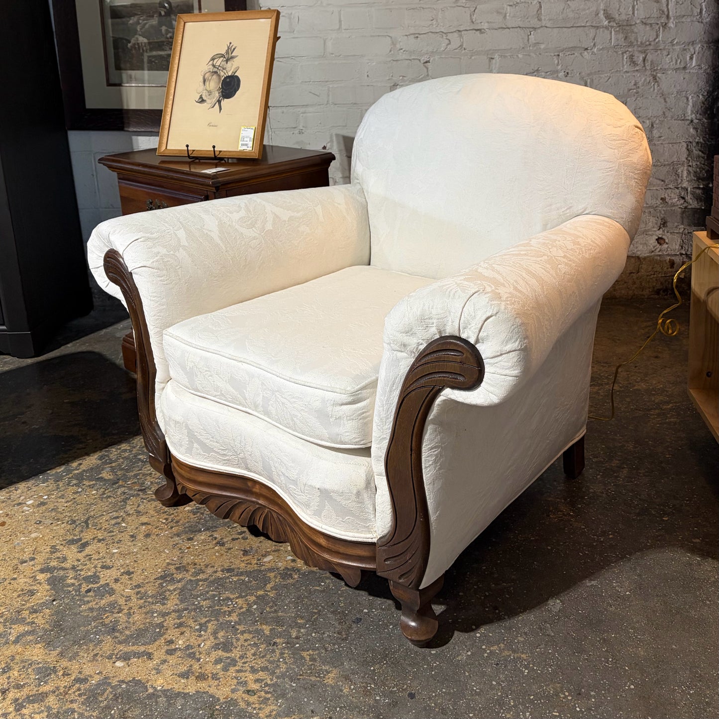 VTG upholstered roll arm/walnut chair, 40.5"W X 29"D X 32"H