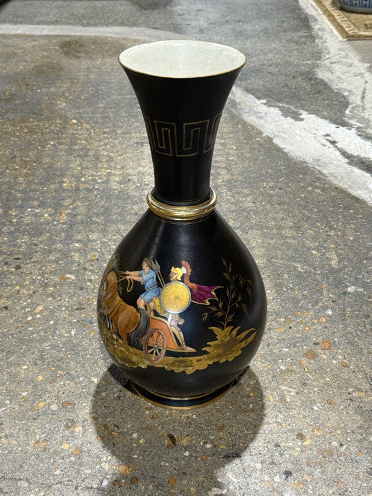 Antique Neo-classical black vase, handpainted, 9"W x 9"D x 20"H