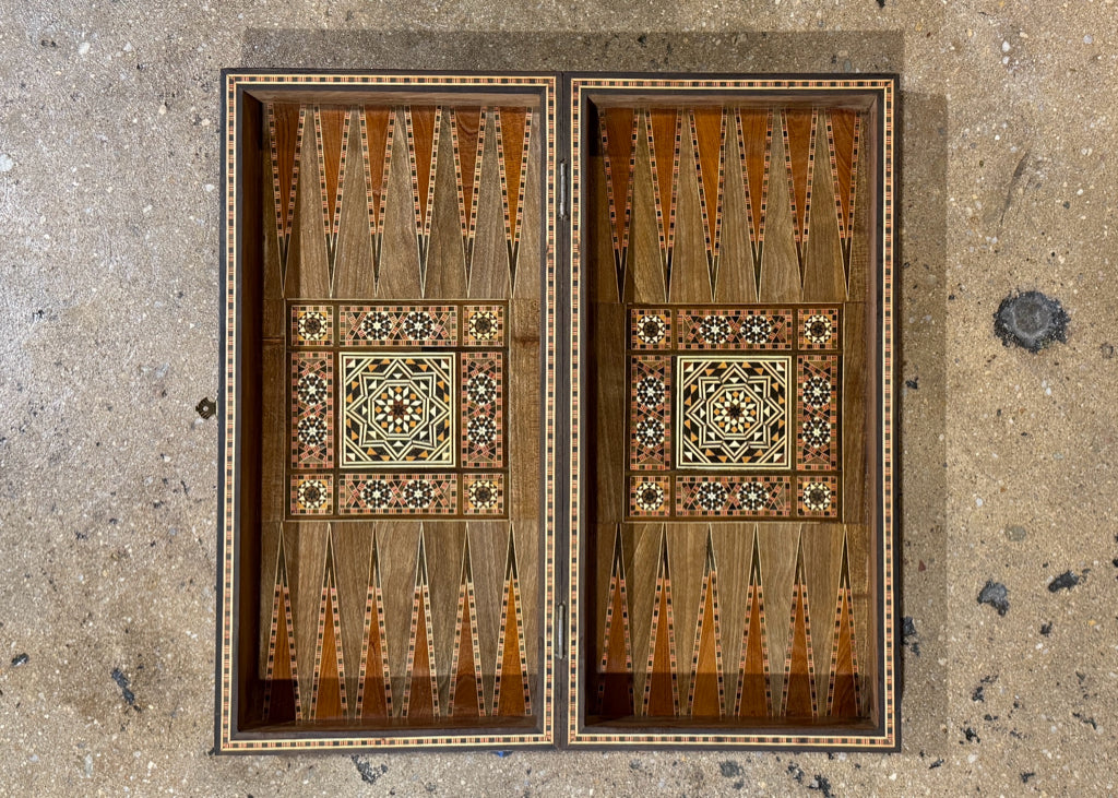 Backgammon board, inlaid wood details, 19.5"W x 19.5"D