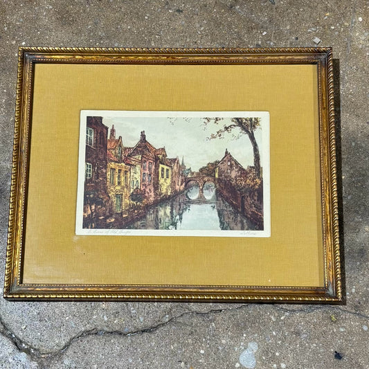 Lithograph "Scene of Old Bruges" signed by Felliers 16" W x 13.25" H x 1" D
